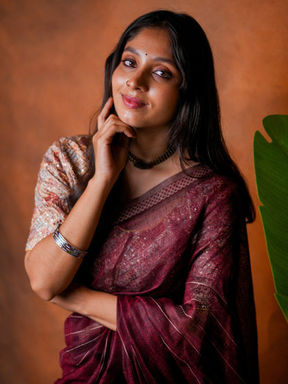 Linen Cotton Saree Wine Maroon Woven Lines - LCS-1-6003 - view 4