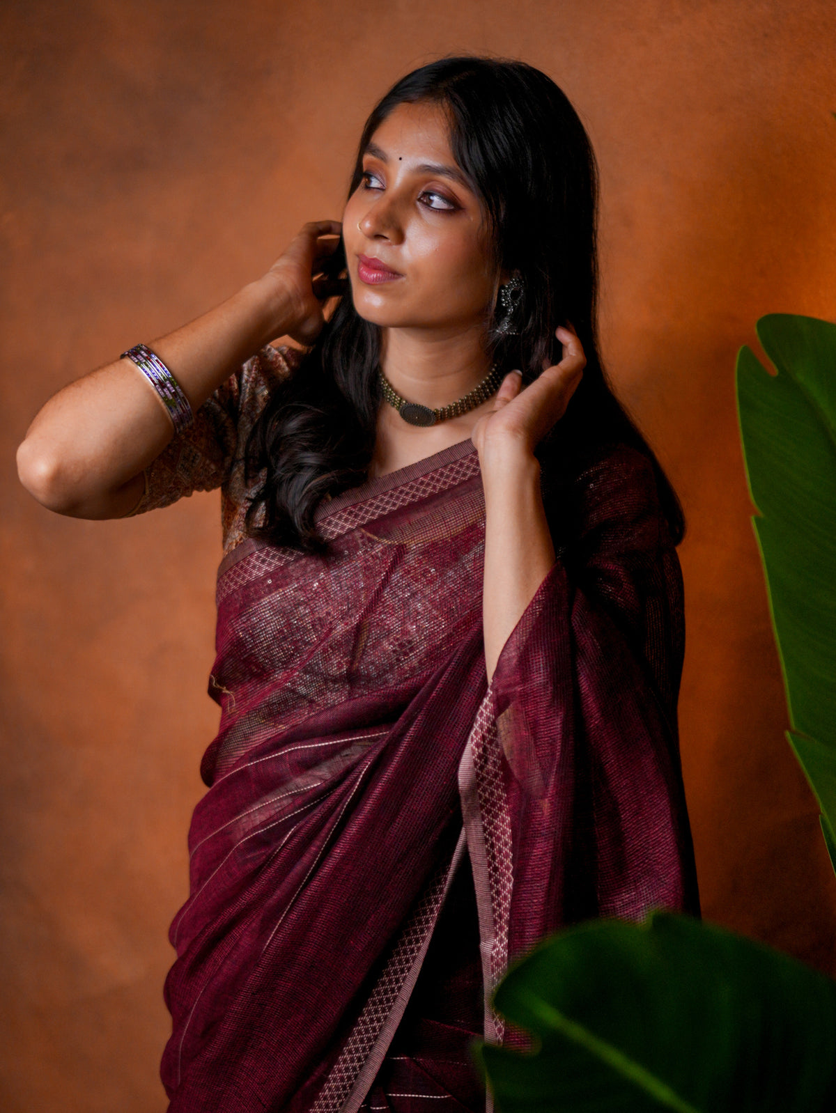 Linen Cotton Saree Wine Maroon Woven Lines