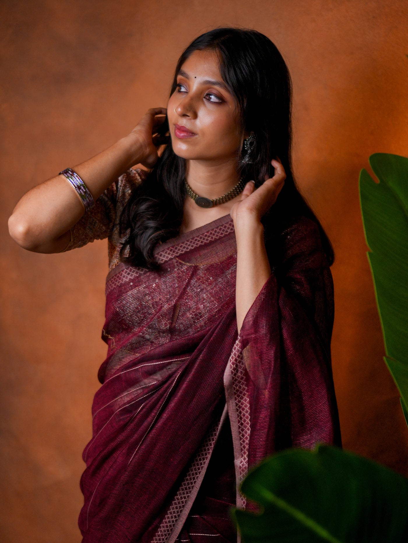 Linen Cotton Saree Wine Maroon Woven Lines - LCS-1-6003 - view 5