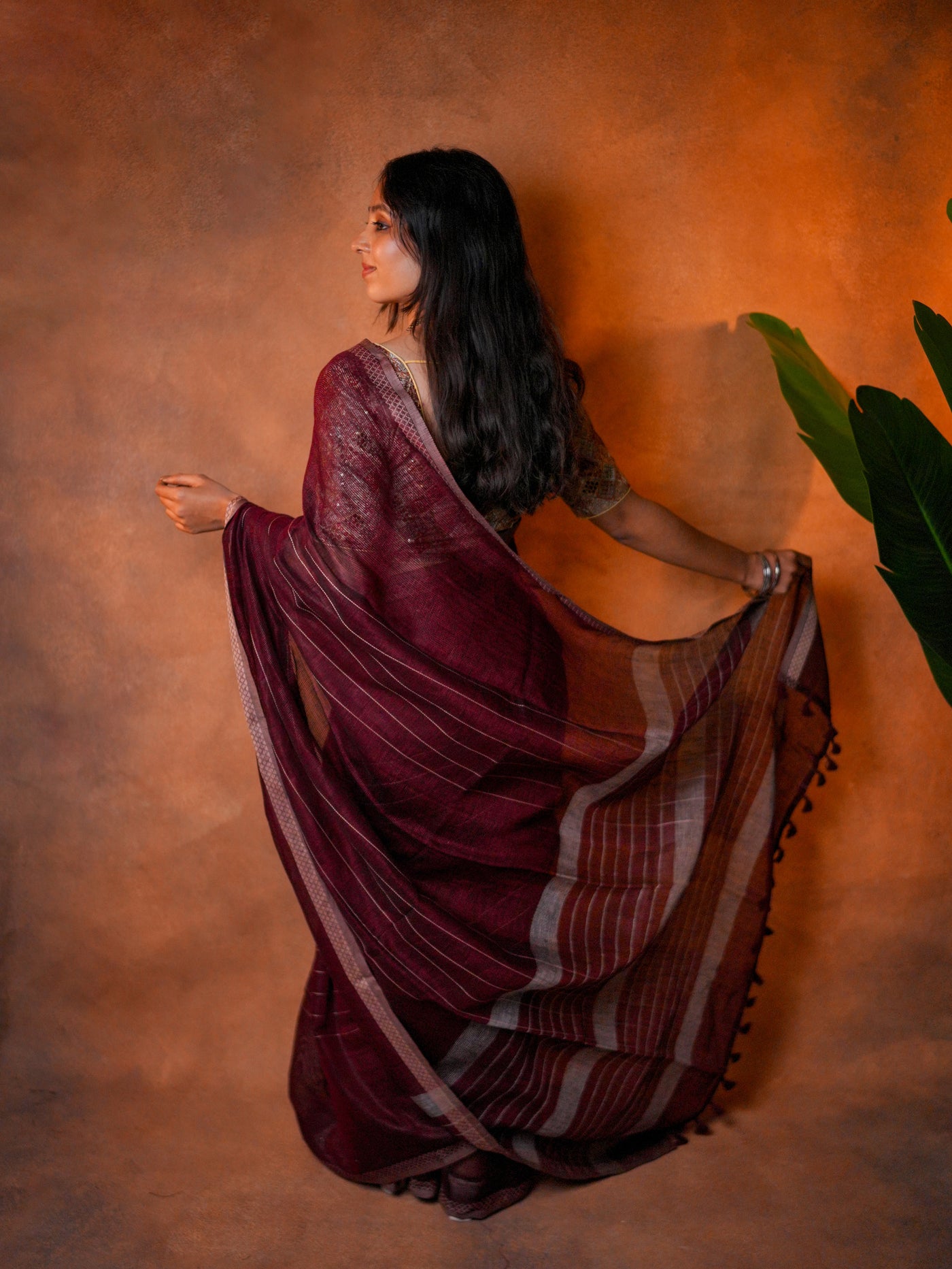 Linen Cotton Saree Wine Maroon Woven Lines - LCS-1-6003 - view 6