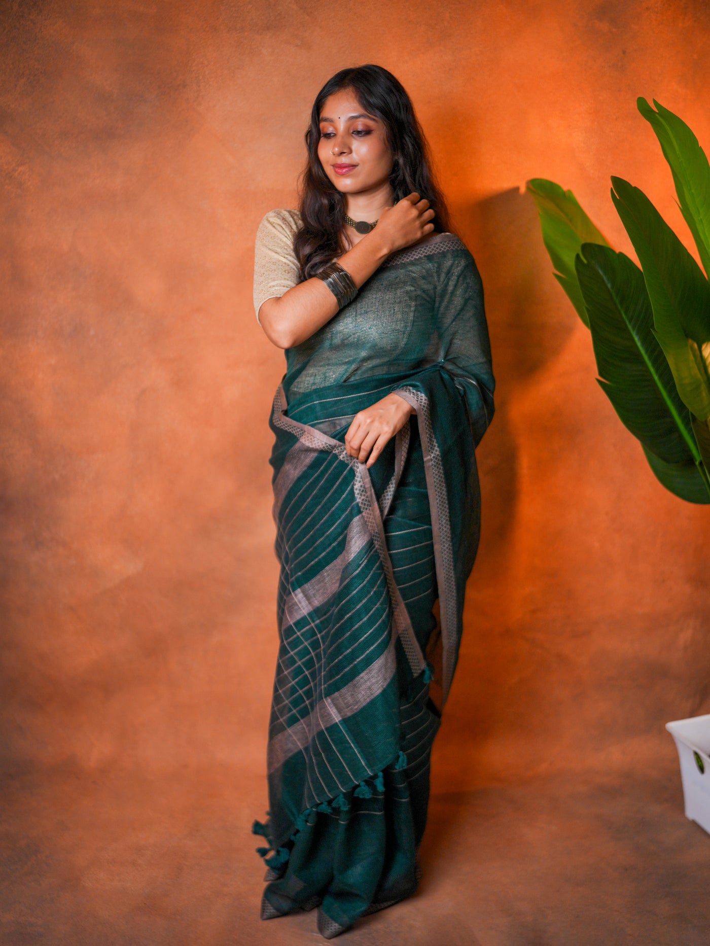 Linen Cotton Saree Peacock Teal Green - LCS-1-6004 - view 1