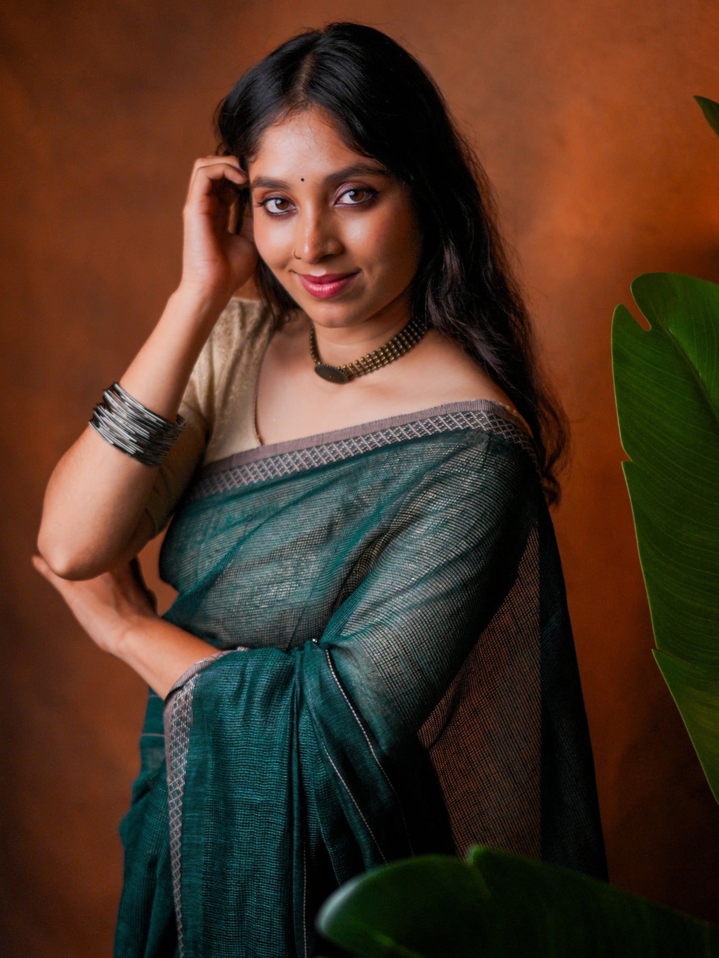 Linen Cotton Saree Peacock Teal Green - LCS-1-6004 - view 10