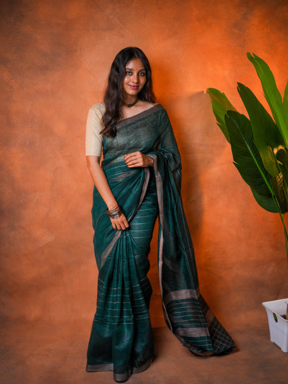 Linen Cotton Saree Peacock Teal Green - LCS-1-6004 - view 3