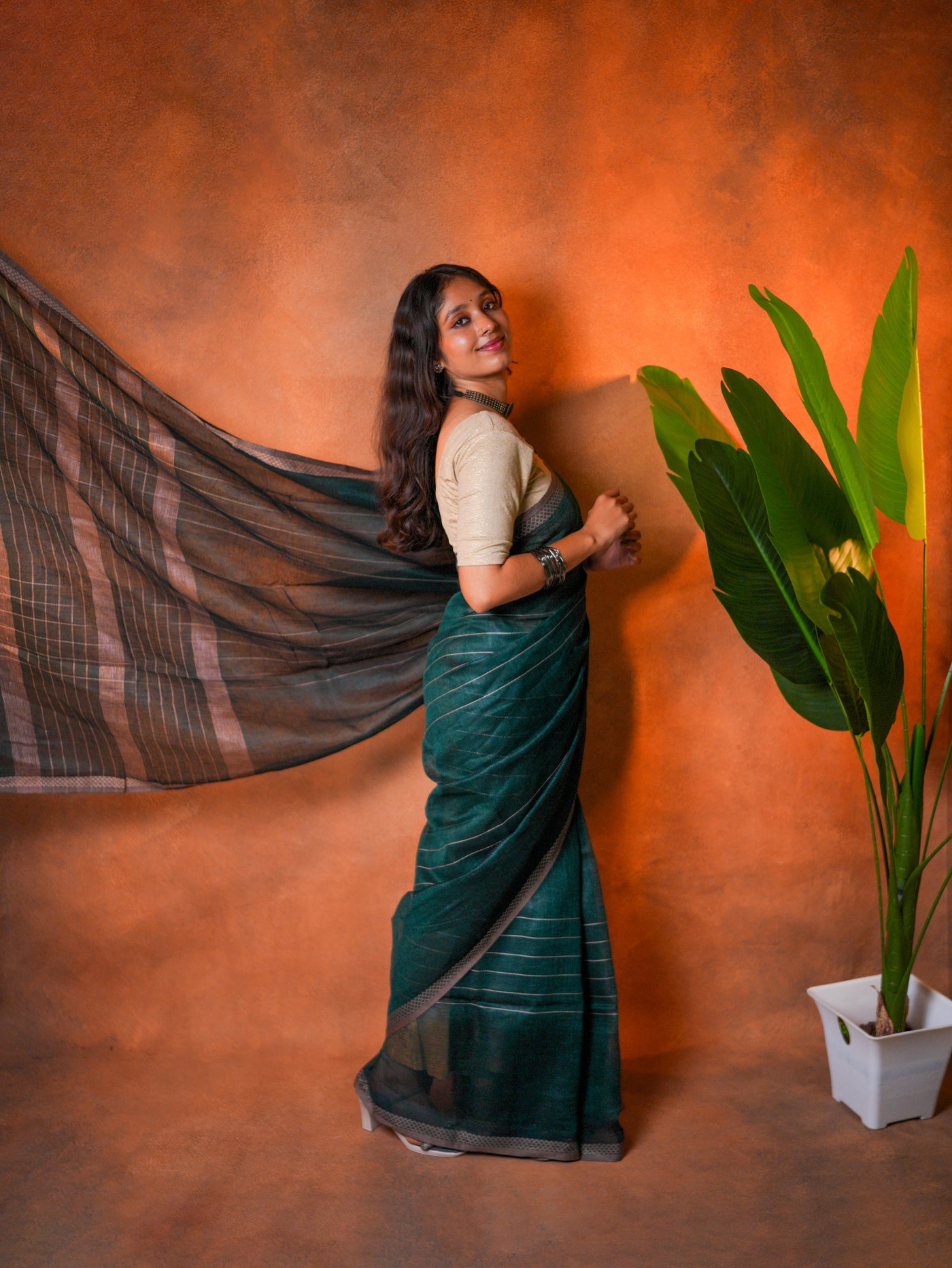 Linen Cotton Saree Peacock Teal Green - LCS-1-6004 - view 4