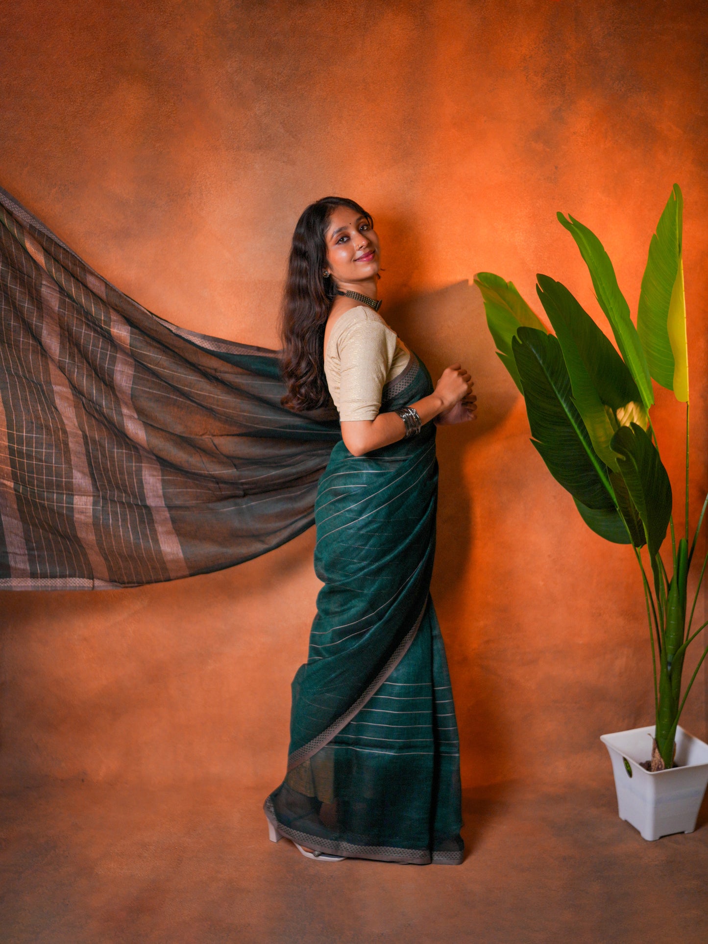Linen Cotton Saree Peacock Teal Green - LCS-1-6004 - view 4
