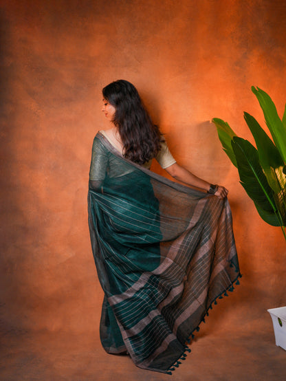 Linen Cotton Saree Peacock Teal Green - LCS-1-6004 - view 6