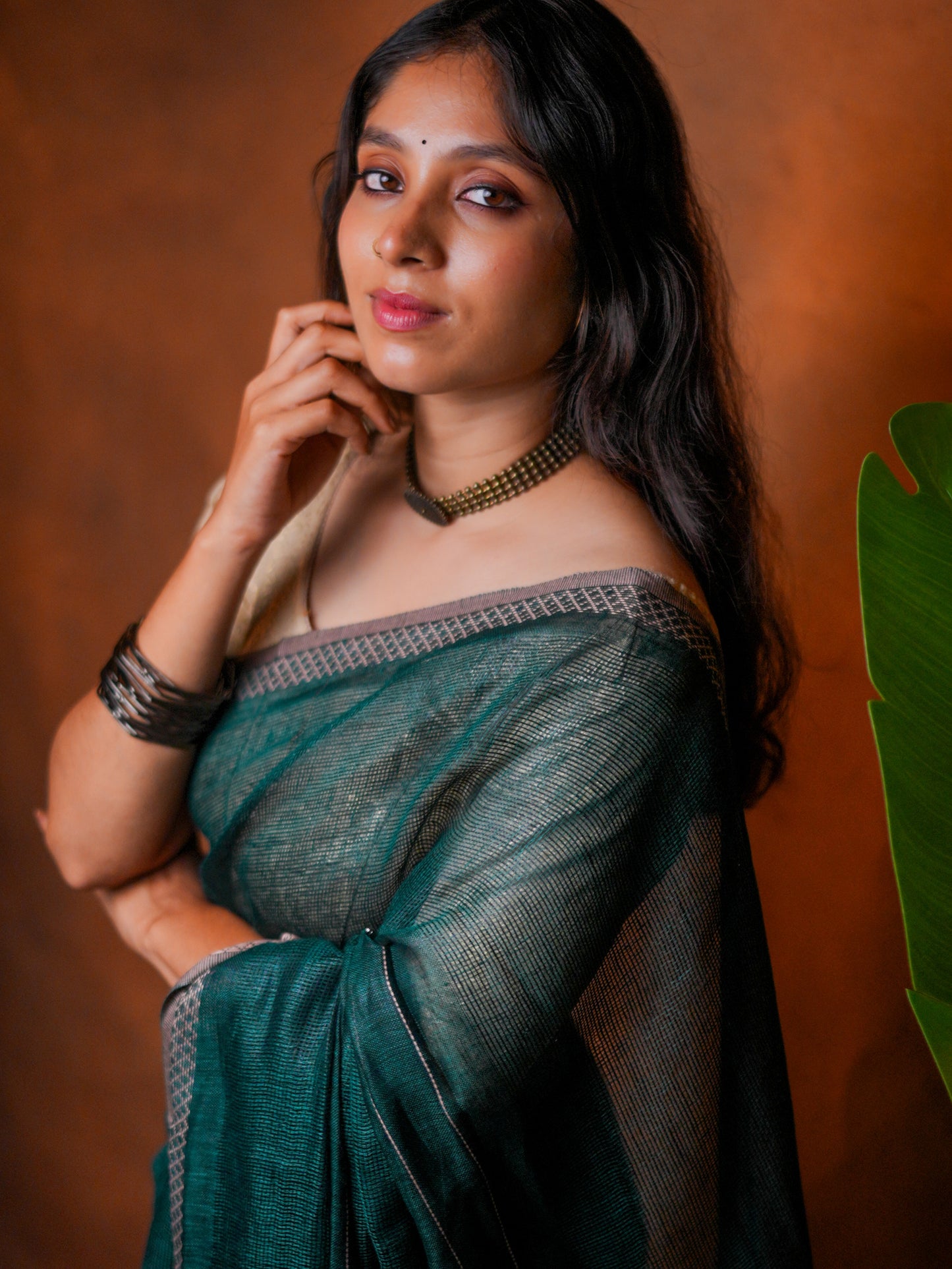Linen Cotton Saree Peacock Teal Green - LCS-1-6004 - view 9