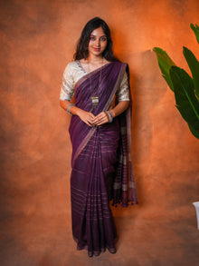 Linen Cotton Saree Purple Mustard Line Motifs