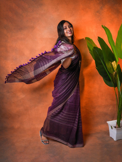Linen Cotton Saree Purple Mustard Line Motifs - LCS-1-6005 - view 3