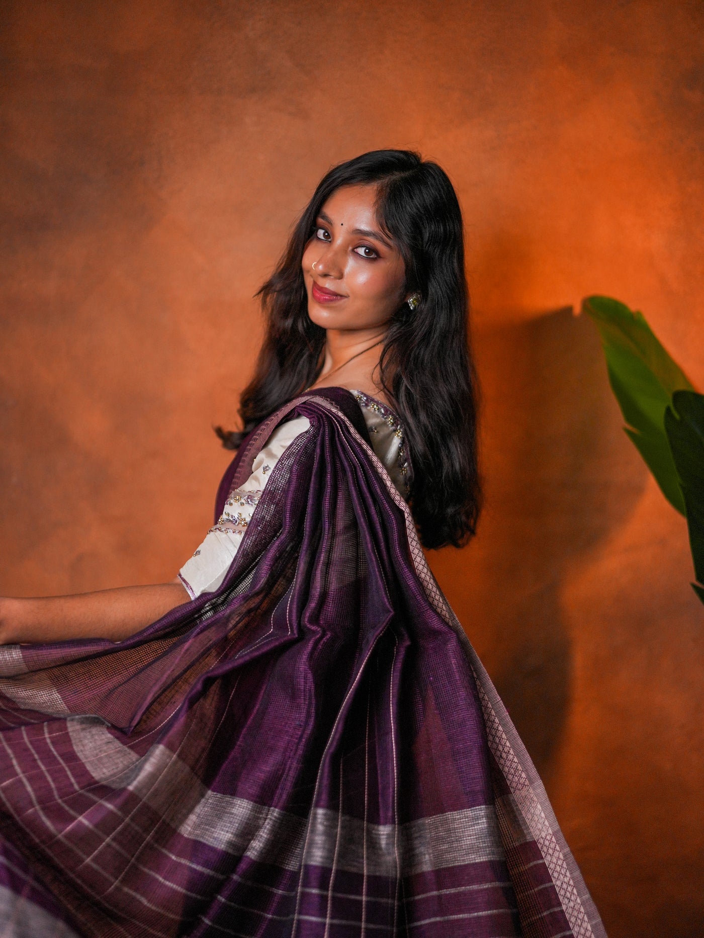 Linen Cotton Saree Purple Mustard Line Motifs - LCS-1-6005 - view 5