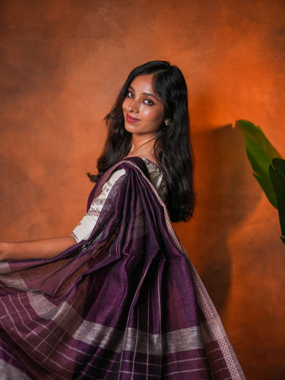 Linen Cotton Saree Purple Mustard Line Motifs - LCS-1-6005 - view 5