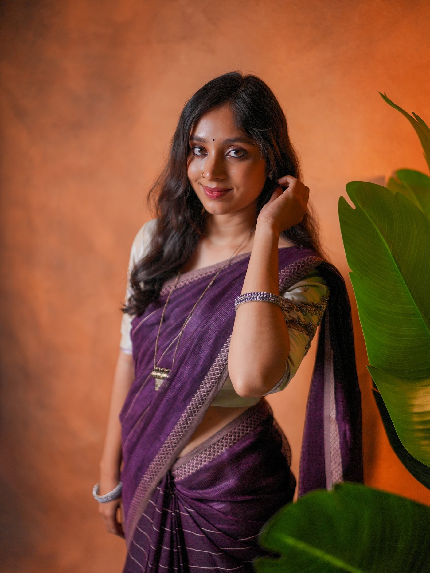 Linen Cotton Saree Purple Mustard Line Motifs - LCS-1-6005 - view 6