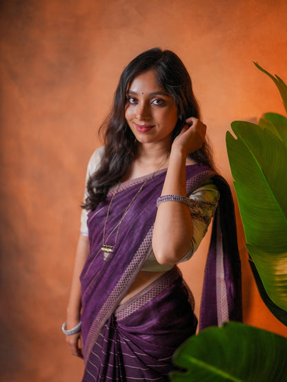 Linen Cotton Saree Purple Mustard Line Motifs - LCS-1-6005 - view 6