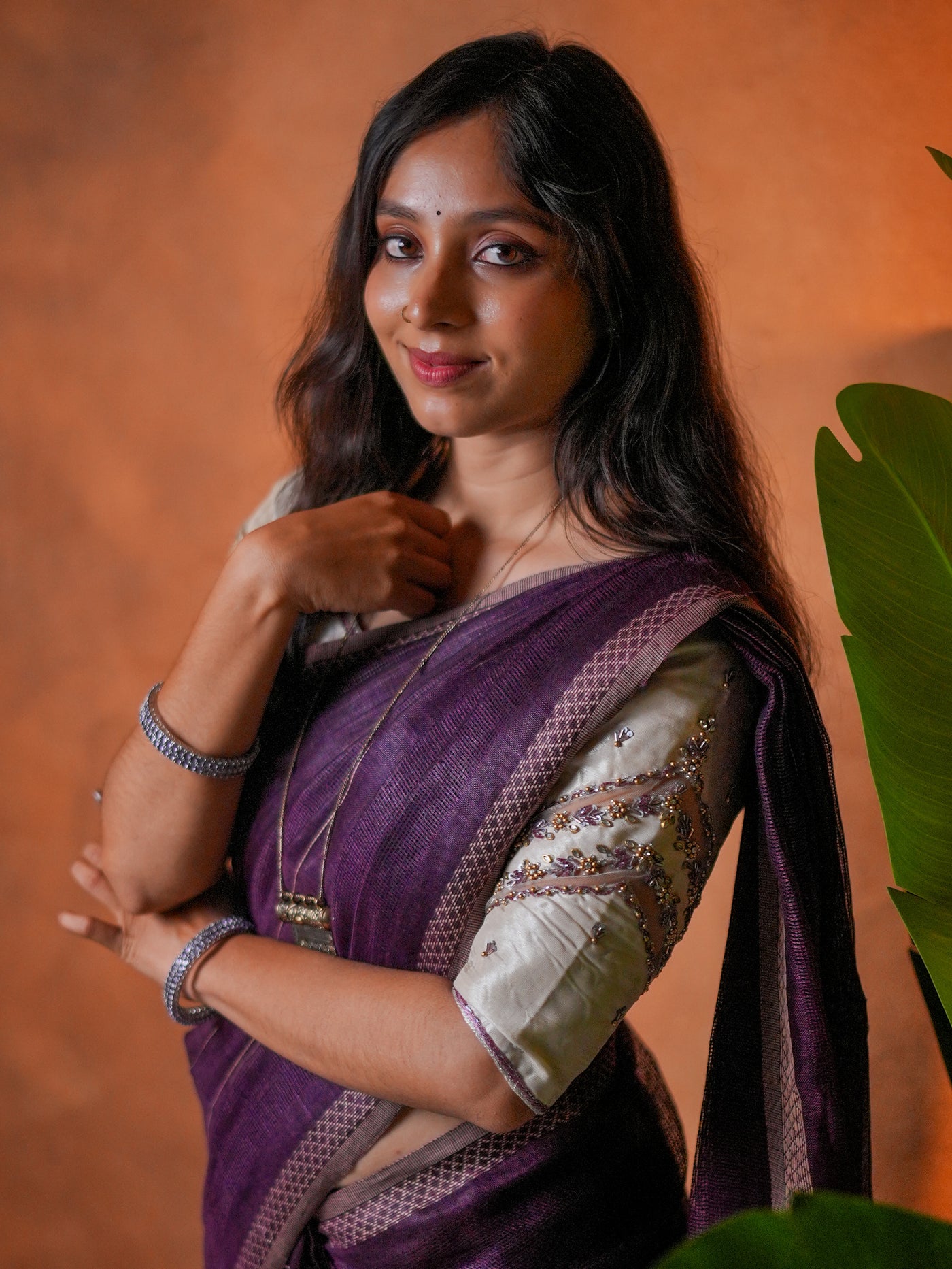 Linen Cotton Saree Purple Mustard Line Motifs - LCS-1-6005 - view 9