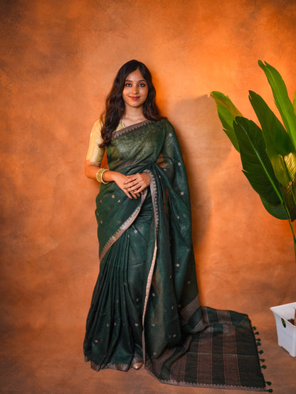Linen Cotton Saree Forest Green Woven Buti - LCS-1-6006 - view 1