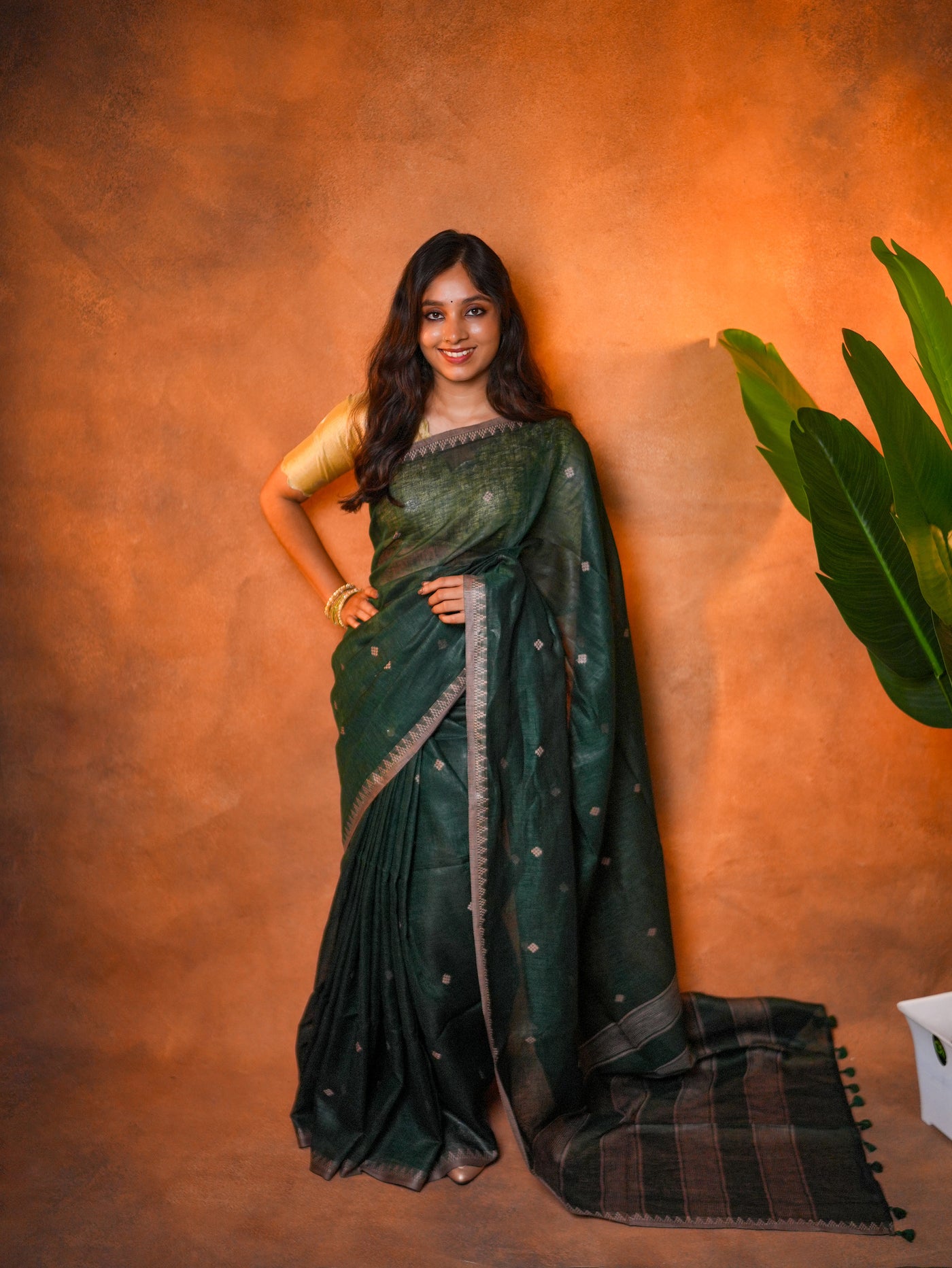 Linen Cotton Saree Forest Green Woven Buti - LCS-1-6006 - view 2