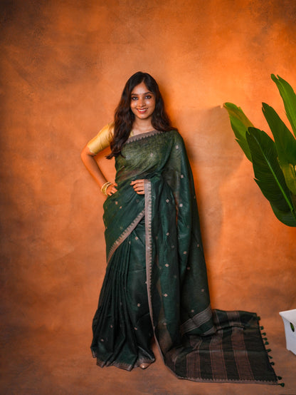 Linen Cotton Saree Forest Green Woven Buti - LCS-1-6006 - view 2