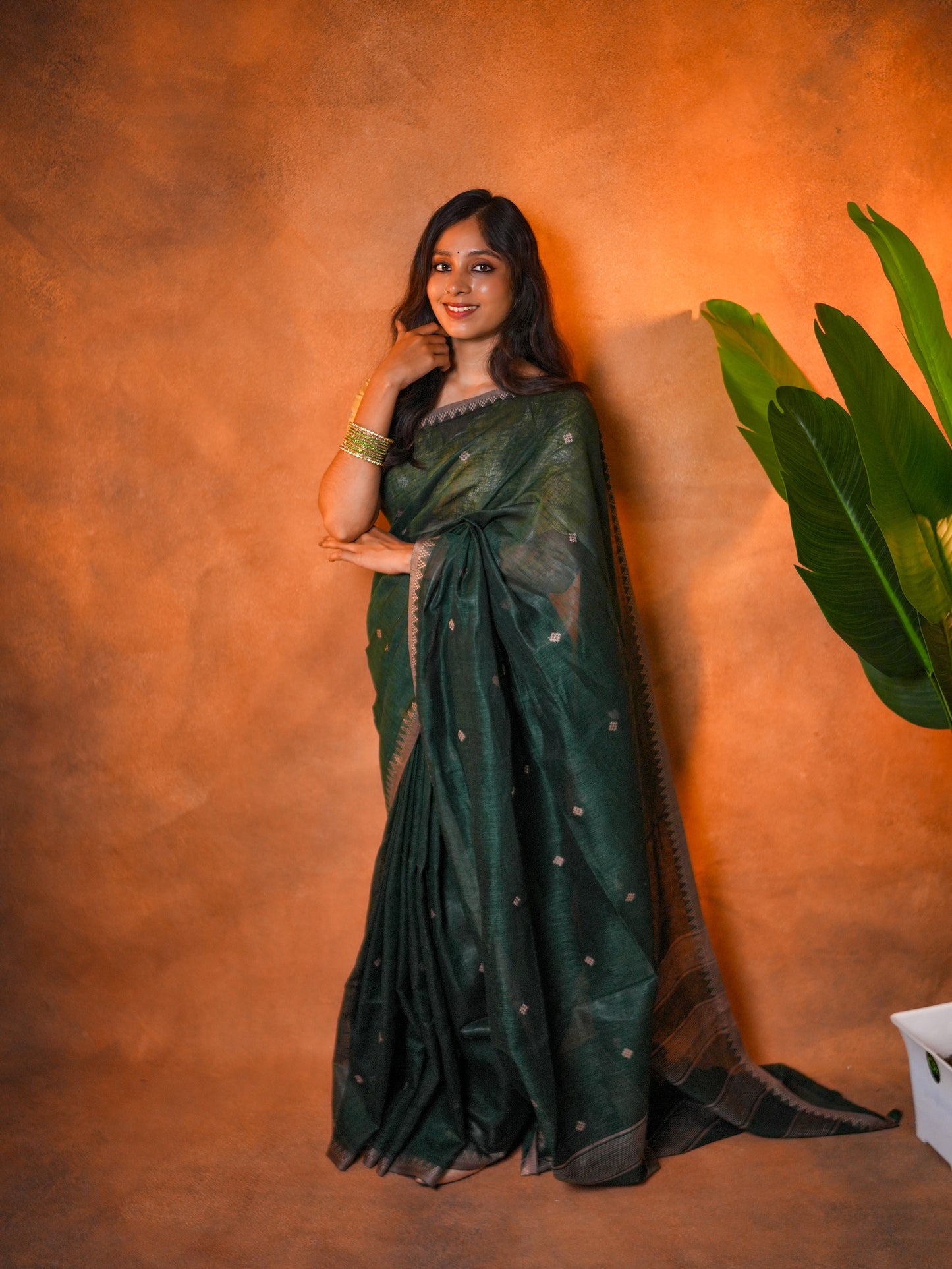 Linen Cotton Saree Forest Green Woven Buti - LCS-1-6006 - view 4