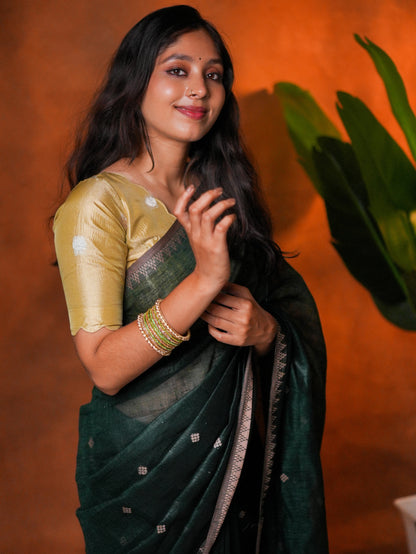 Linen Cotton Saree Forest Green Woven Buti - LCS-1-6006 - view 7