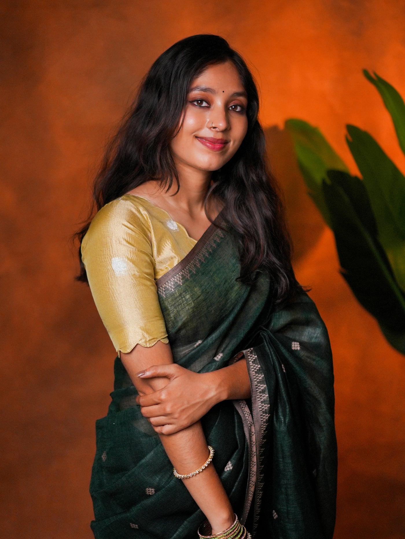 Linen Cotton Saree Forest Green Woven Buti - LCS-1-6006 - view 8