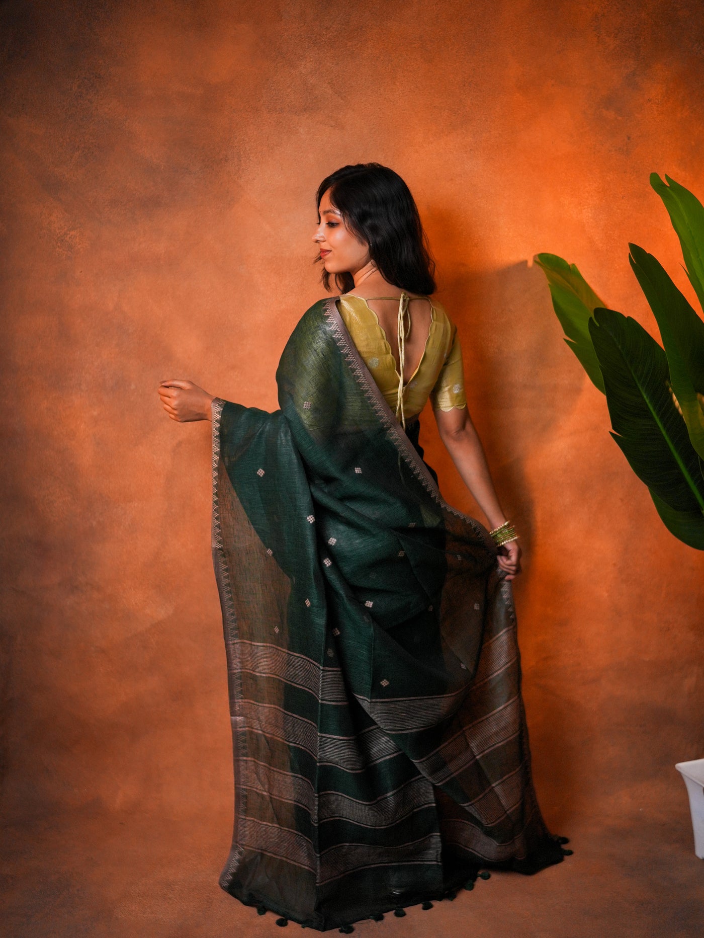 Linen Cotton Saree Forest Green Woven Buti - LCS-1-6006 - view 9
