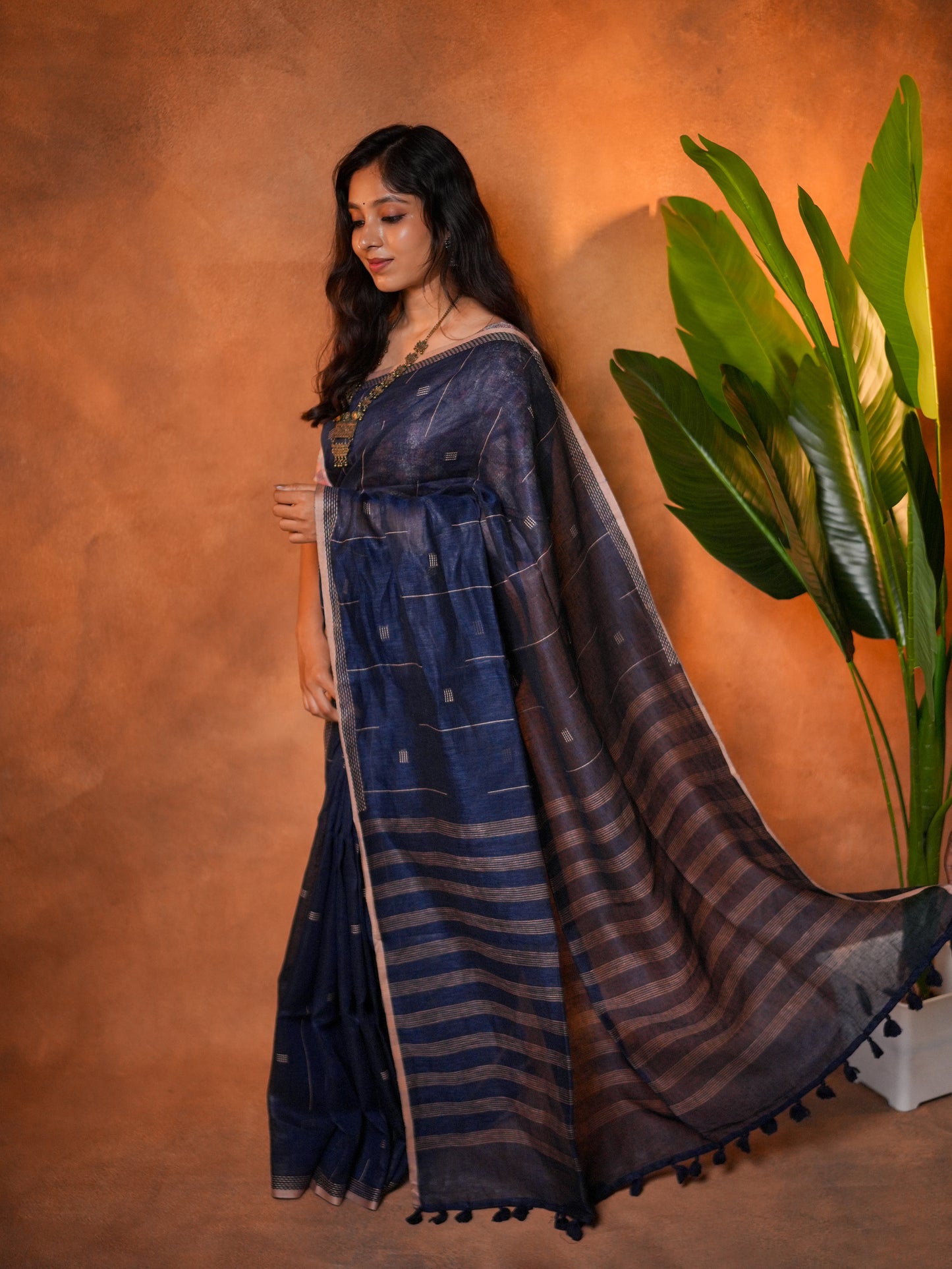 Linen Cotton Saree Navy Blue Mustard Line Motifs - LCS-1-6007 - view 2