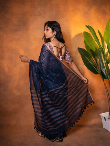 Linen Cotton Saree Navy Blue Mustard Line Motifs - LCS-1-6007 - view 3