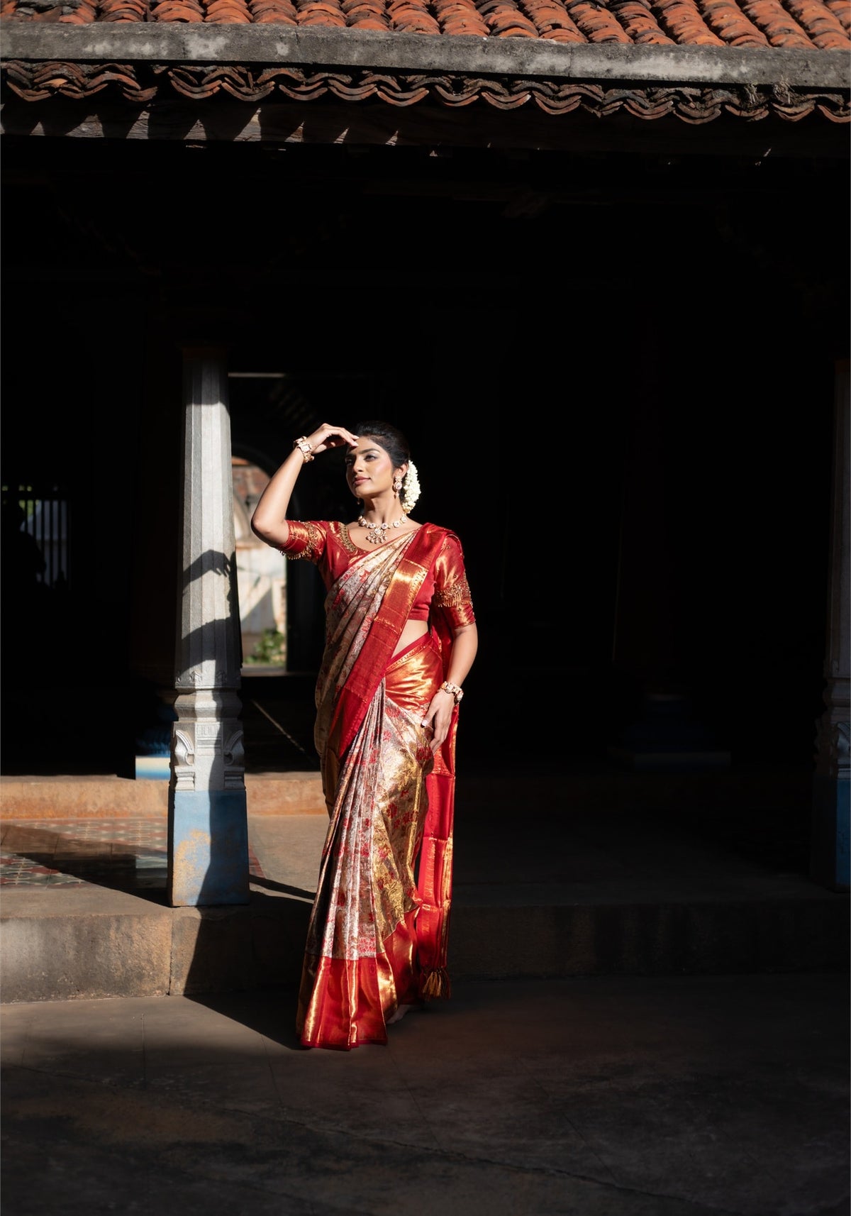 Luxury Saree - Champagne Beige, Red and Antique Gold - LUXE-1-01 - view 1