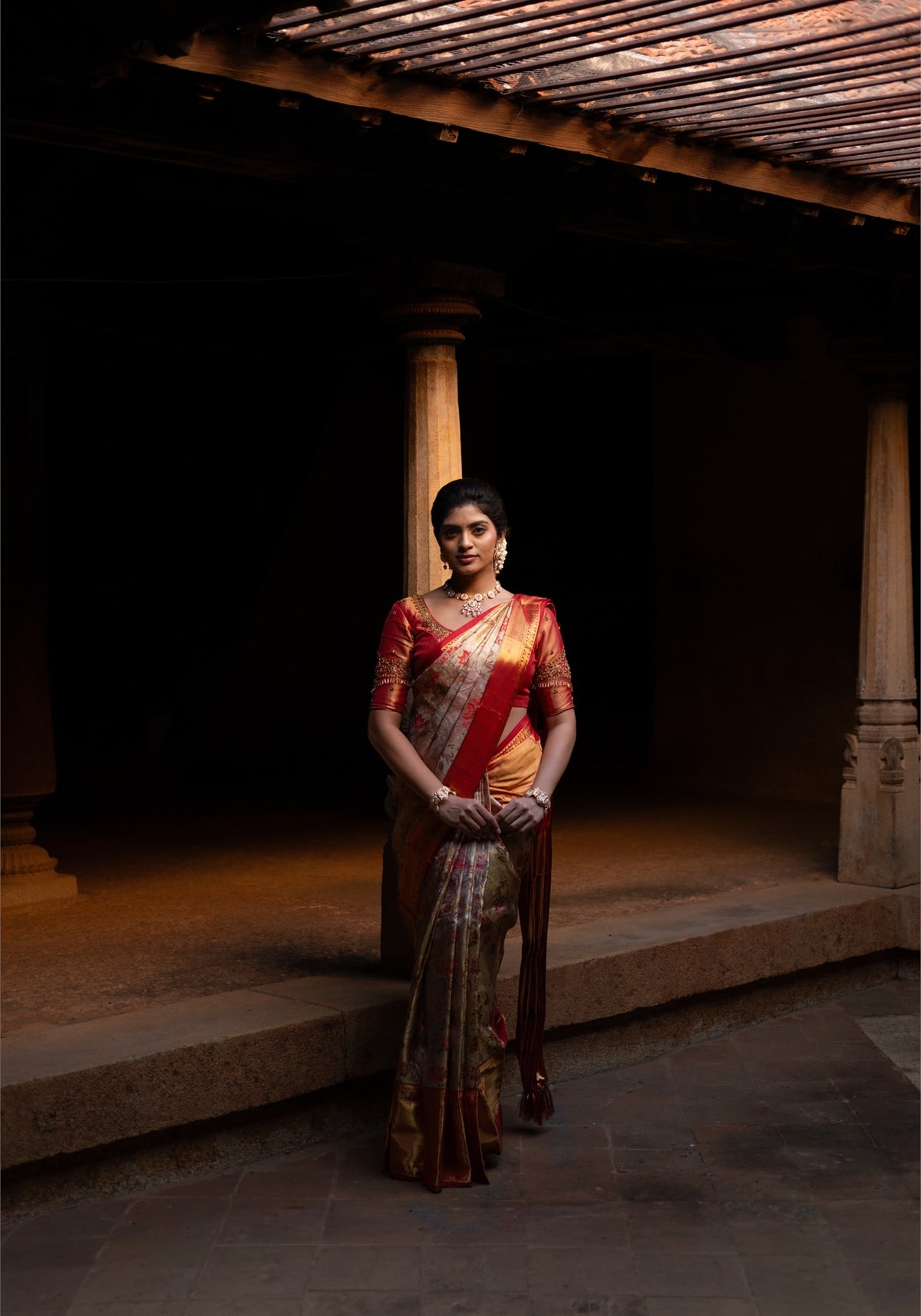 Luxury Saree - Champagne Beige, Red and Antique Gold - LUXE-1-01 - view 10