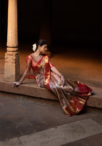 Luxury Saree - Champagne Beige, Red and Antique Gold - LUXE-1-01 - view 11