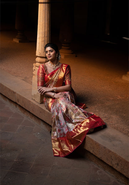 Luxury Saree - Champagne Beige, Red and Antique Gold - LUXE-1-01 - view 12