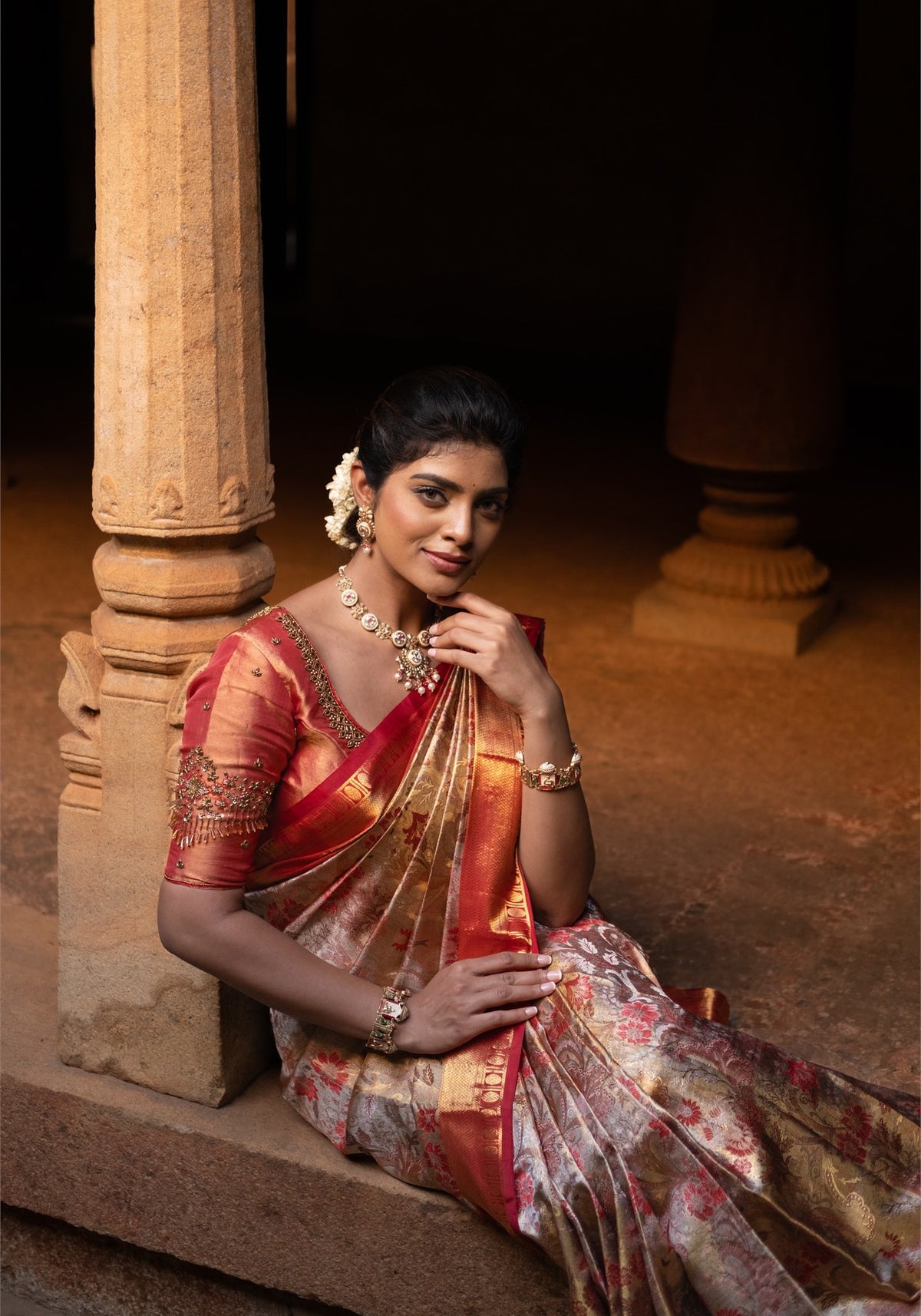 Luxury Saree - Champagne Beige, Red and Antique Gold - LUXE-1-01 - view 13