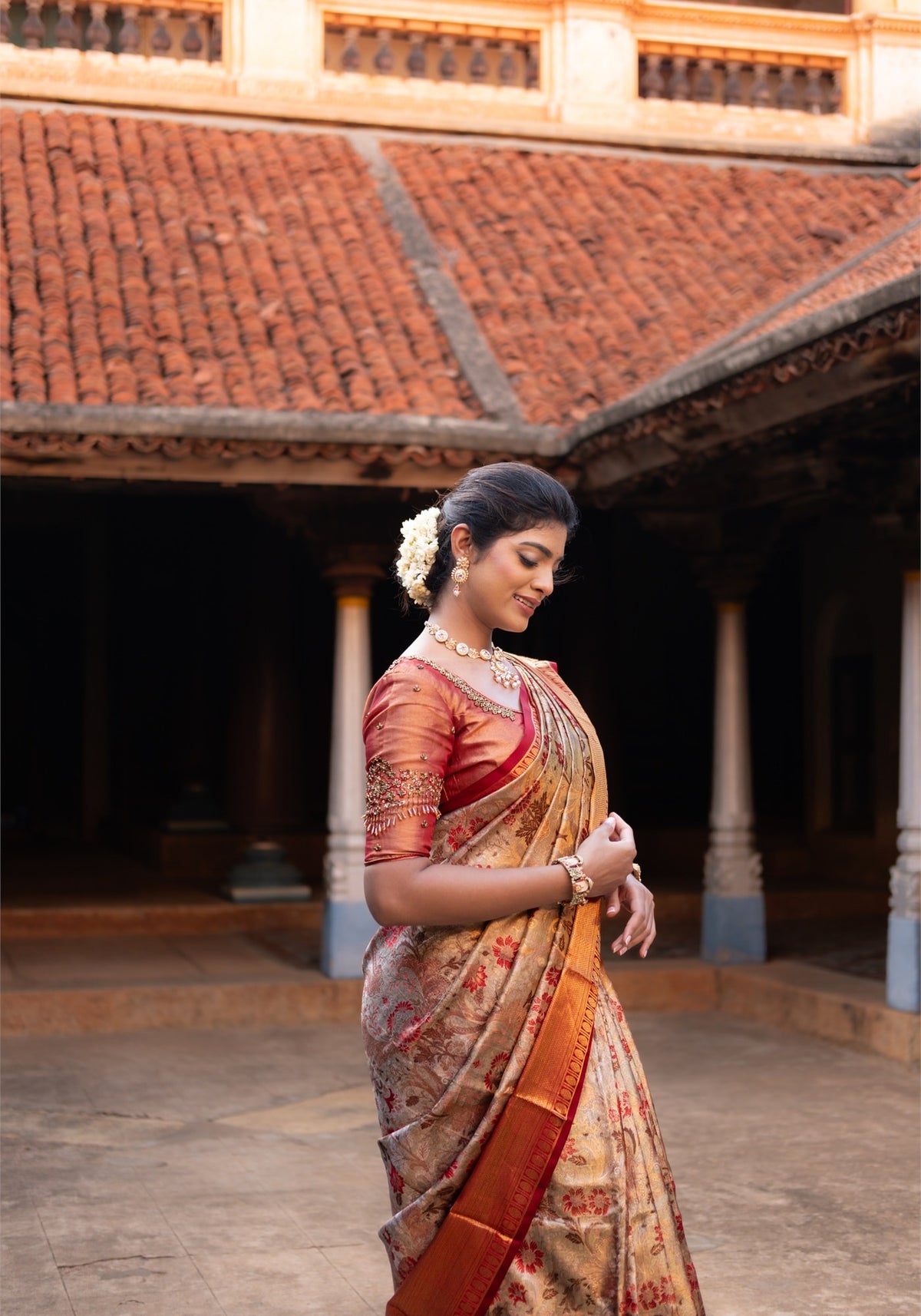 Luxury Saree - Champagne Beige, Red and Antique Gold - LUXE-1-01 - view 3