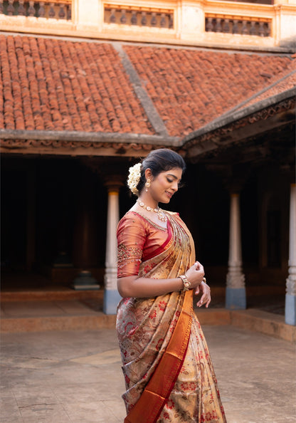 Luxury Saree - Champagne Beige, Red and Antique Gold - LUXE-1-01 - view 3