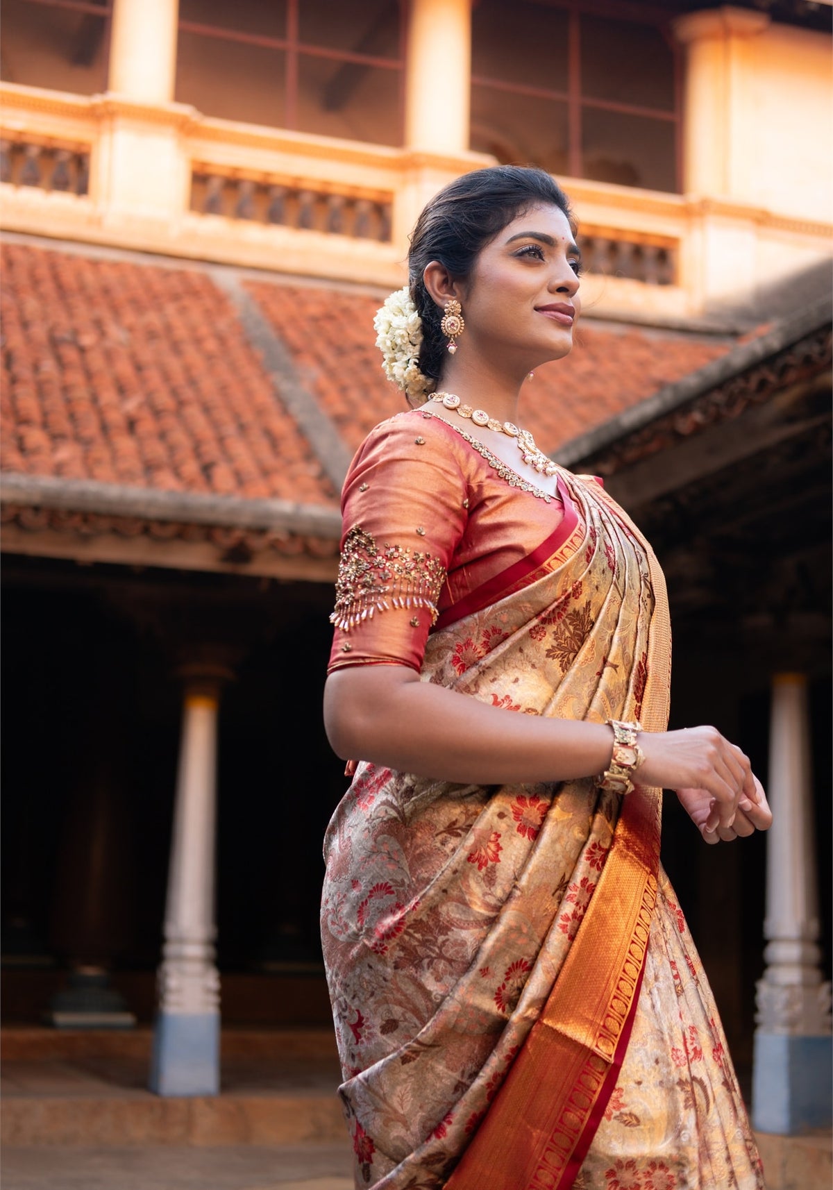 Luxury Saree - Champagne Beige, Red and Antique Gold - LUXE-1-01 - view 4