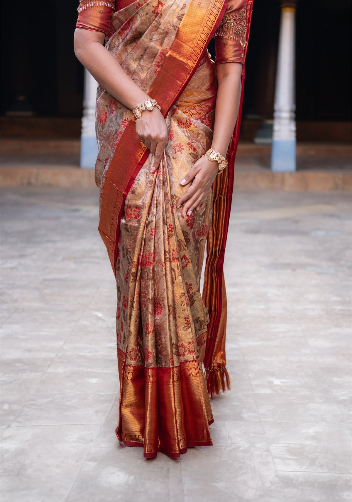 Luxury Saree - Champagne Beige, Red and Antique Gold - LUXE-1-01 - view 6