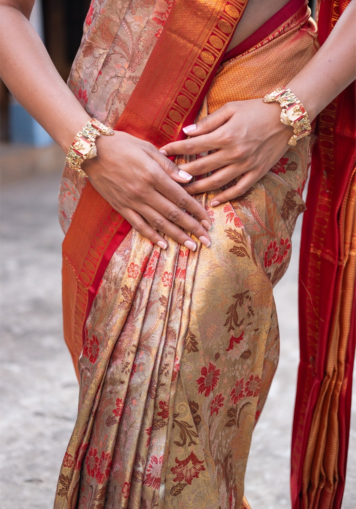 Luxury Saree - Champagne Beige, Red and Antique Gold - LUXE-1-01 - view 7