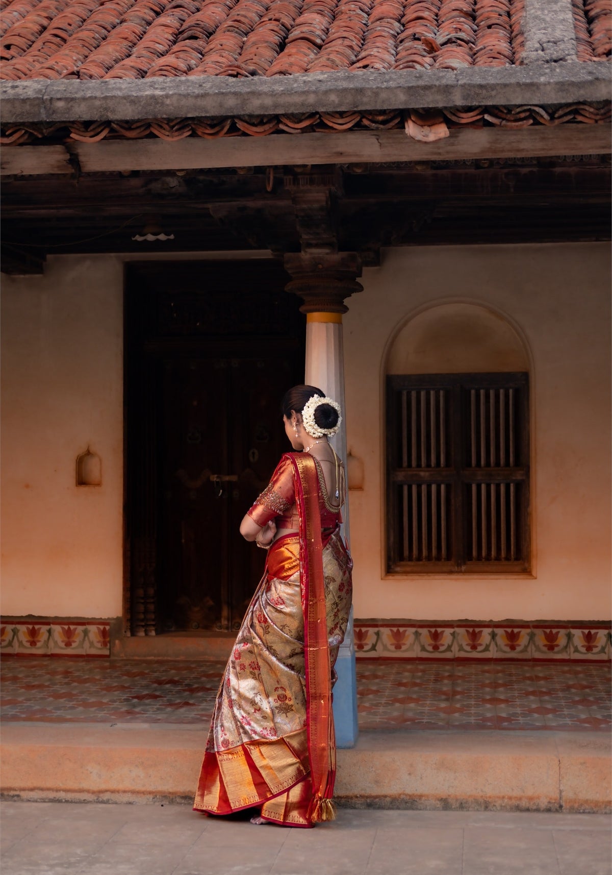 Luxury Saree - Champagne Beige, Red and Antique Gold - LUXE-1-01 - view 8