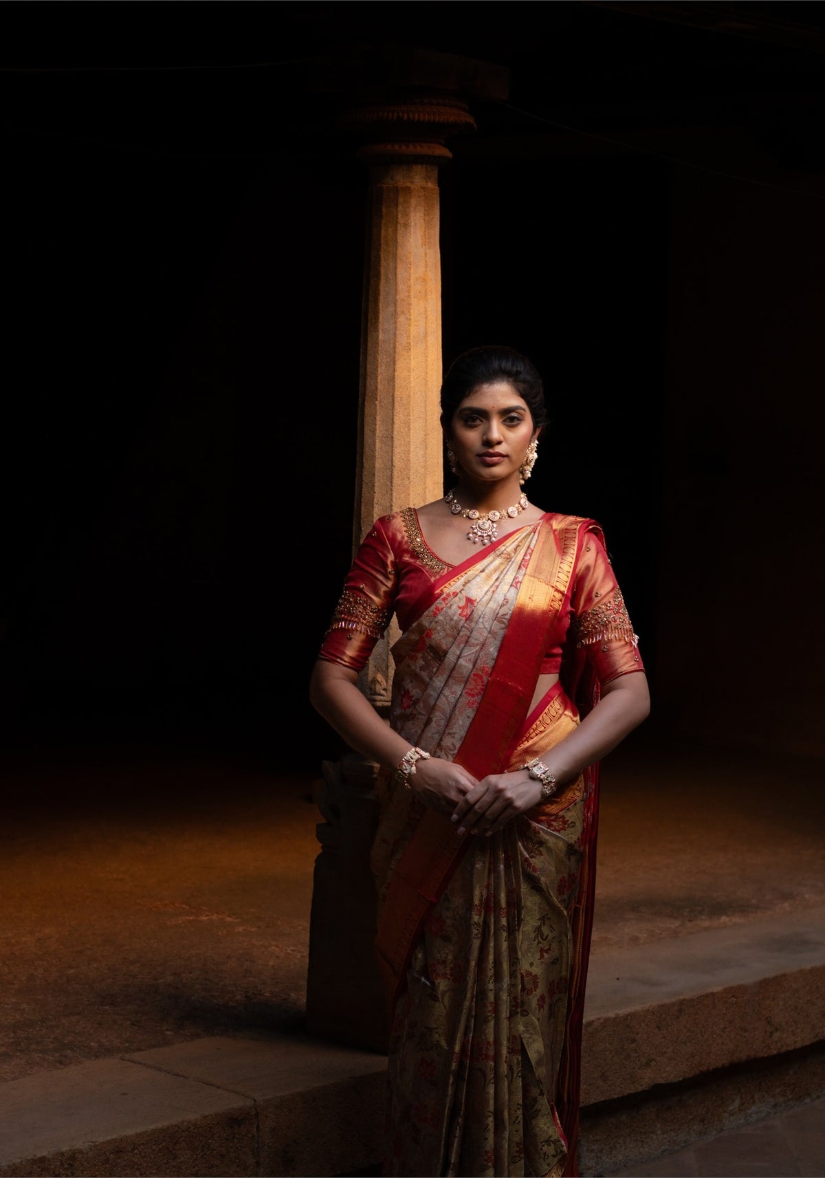 Luxury Saree - Champagne Beige, Red and Antique Gold - LUXE-1-01 - view 9