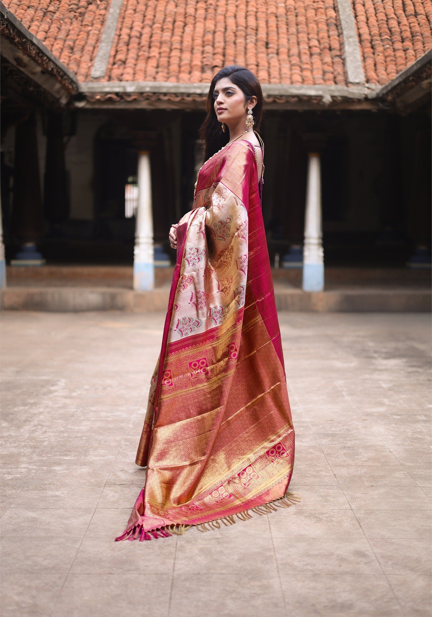 Luxury Saree - Light Champagne Gold, Silvery Beige, Red and Gold - LUXE-1-02 - view 1