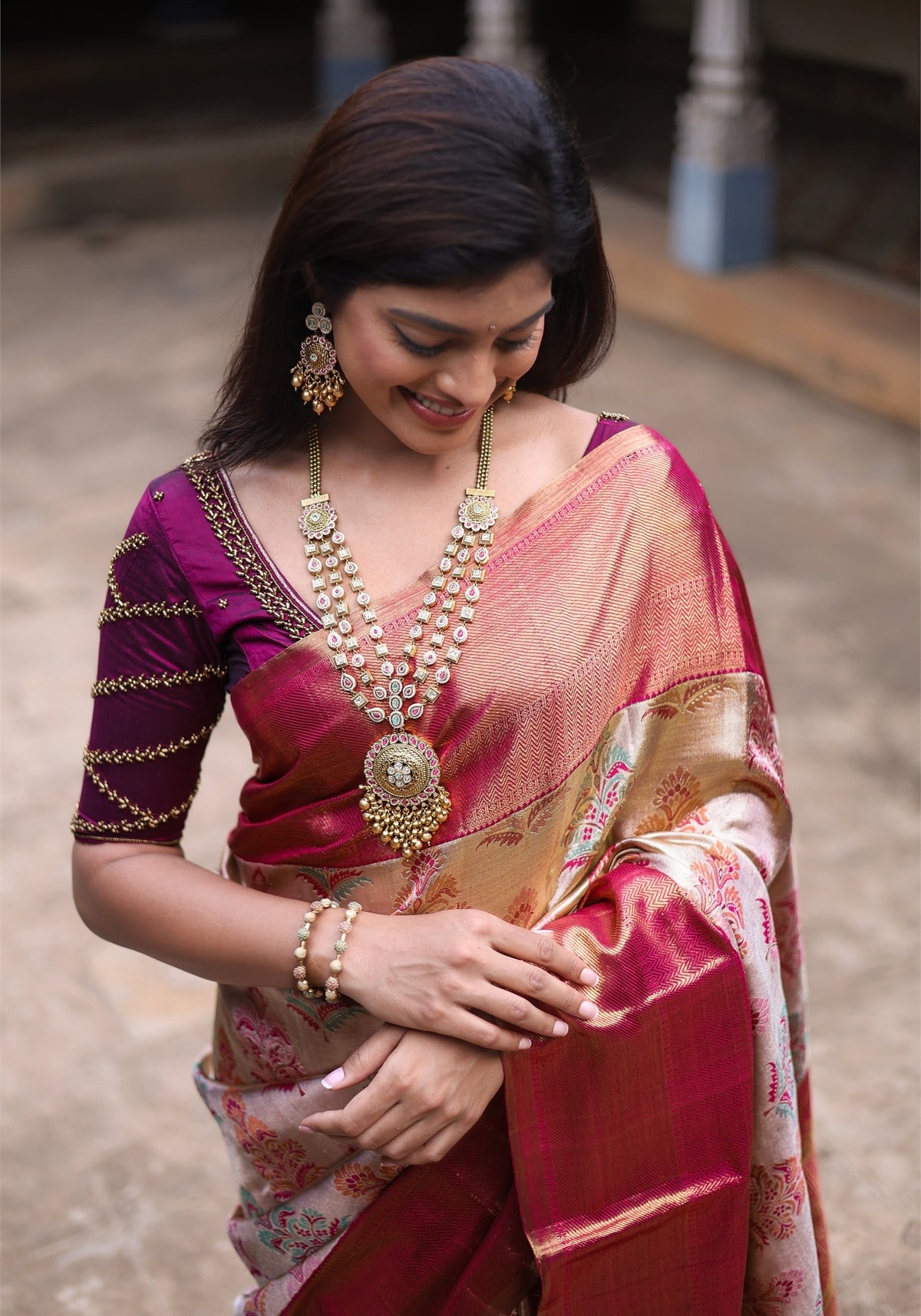 Luxury Saree - Light Champagne Gold, Silvery Beige, Red and Gold - LUXE-1-02 - view 2