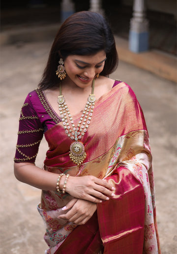 Rose Pavilion - Champagne Gold Floral Luxury Saree - Ashoka Threads