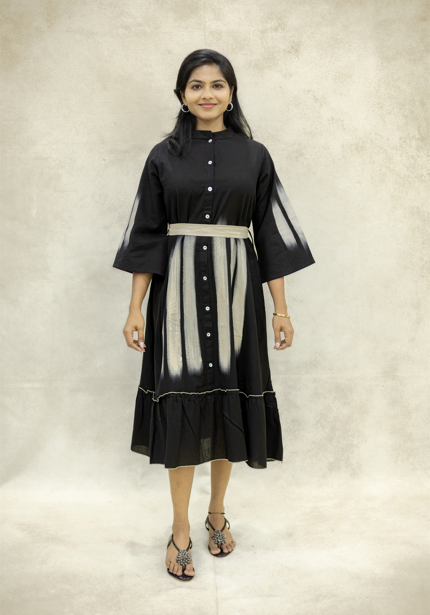 Black Ikat Stripe A-Line Midi Kurta Dress - Black
