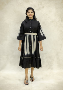 Black Cotton Ikat Stripe A-Line Midi Kurta Dress - Ashoka Threads