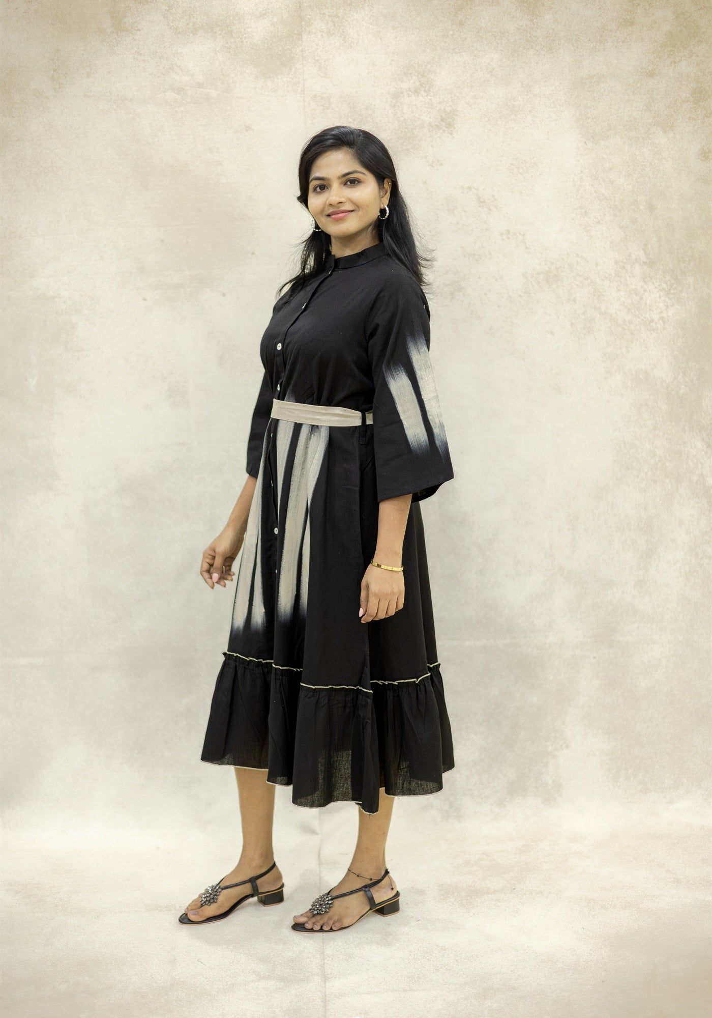Black Ikat Stripe A-Line Midi Kurta Dress - Black