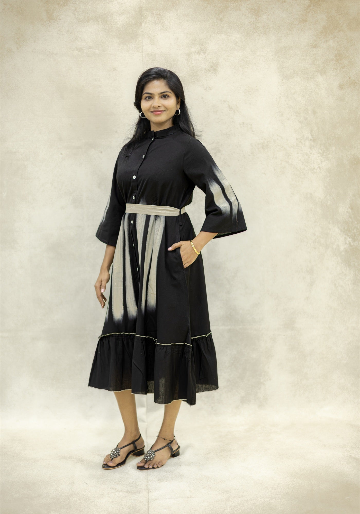 Black Ikat Stripe A-Line Midi Kurta Dress - Black