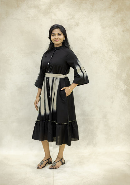 Black Ikat Stripe A-Line Midi Kurta Dress - Black