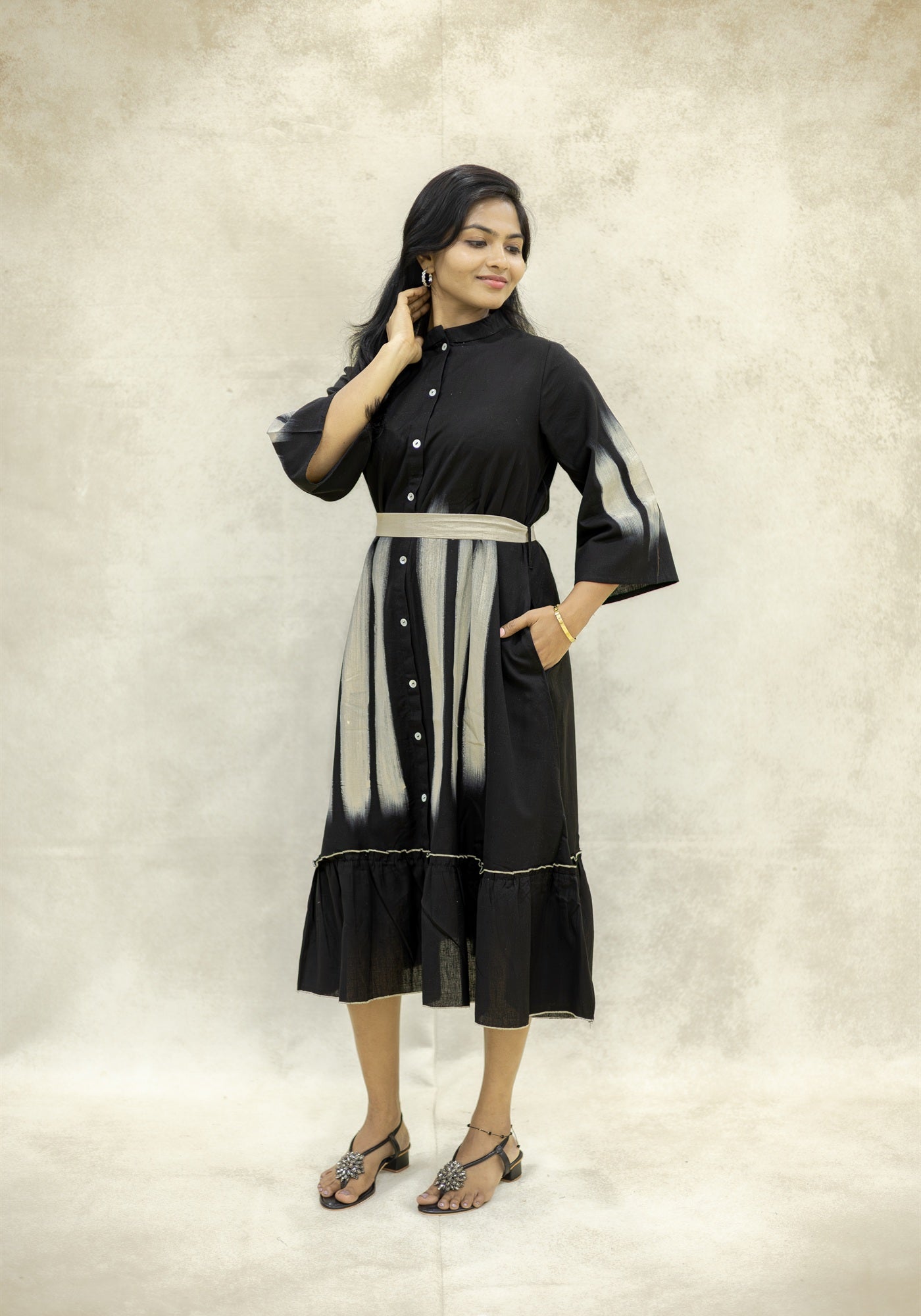 Black Ikat Stripe A-Line Midi Kurta Dress - Black