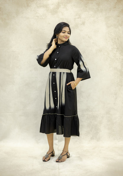 Black Ikat Stripe A-Line Midi Kurta Dress - Black