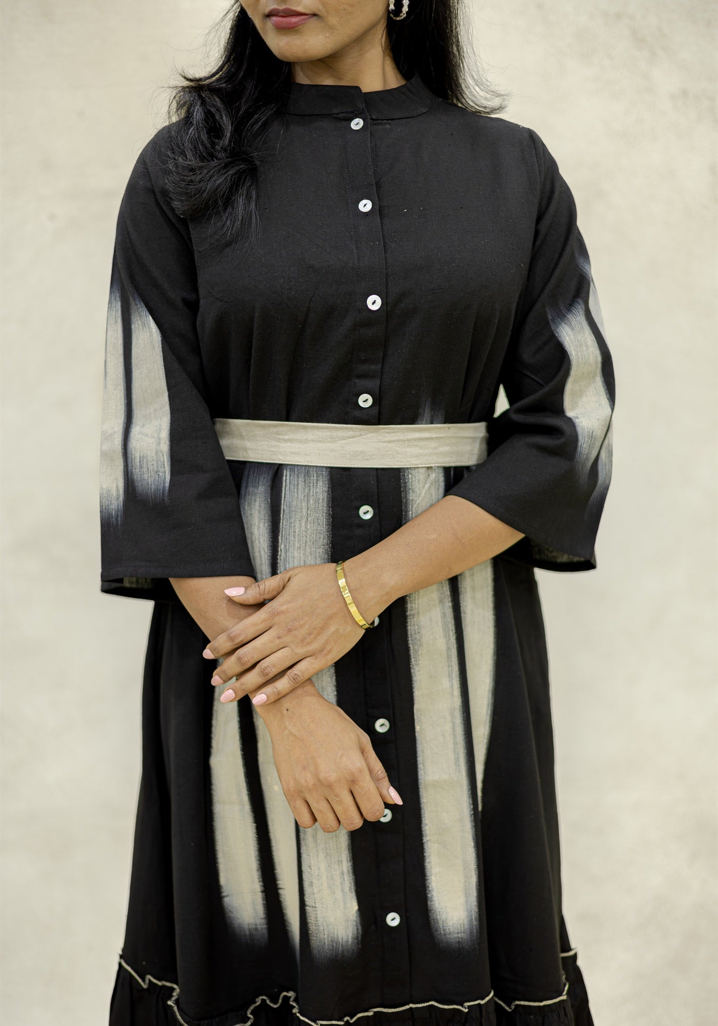 Black Ikat Stripe A-Line Midi Kurta Dress - Black